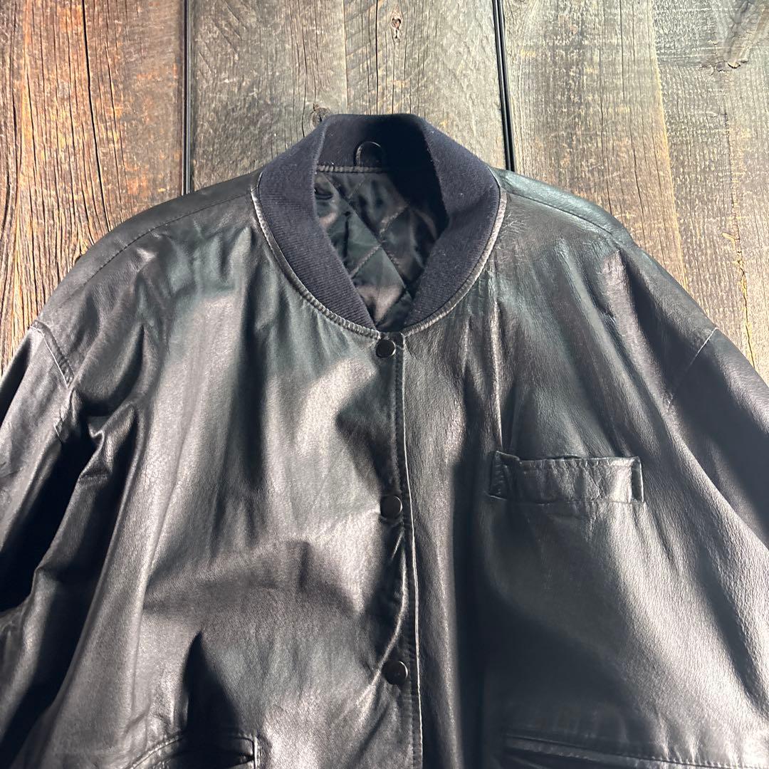 古着　本革　レザーボンバージャケット　短丈レザーブルゾン　ブラック　L太アーム.