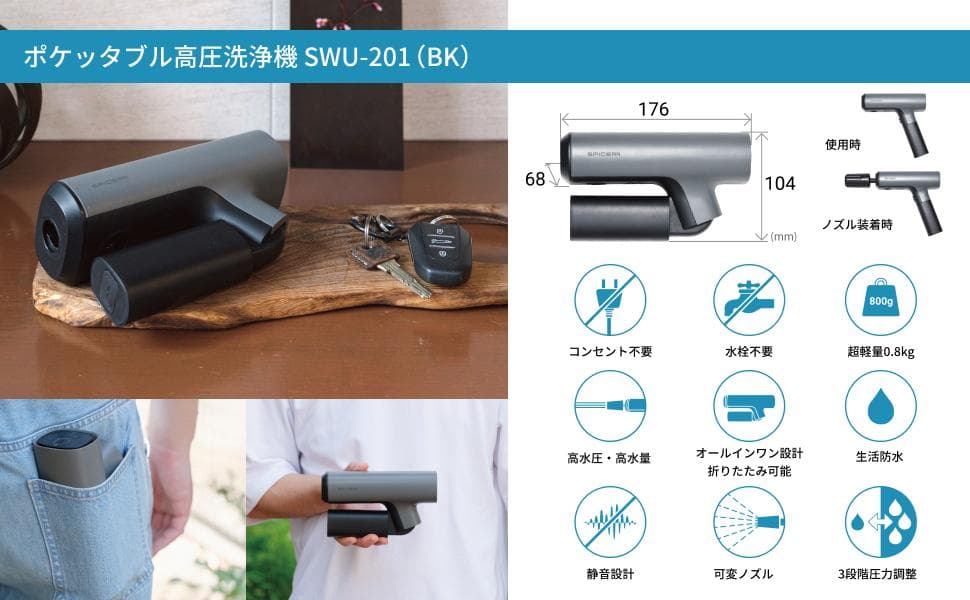 【新品】　バイク泡洗車　ポケットブル高圧洗浄機 SWU-201(BK)