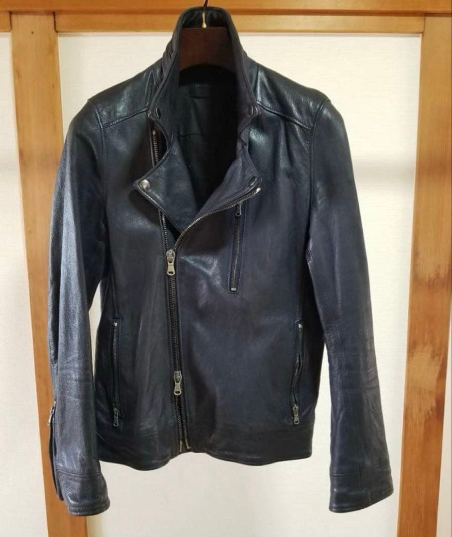 ダブルインナーライダース シワ加工 ラムレザー ネイビー サイズ3