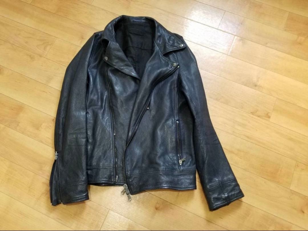 ダブルインナーライダース シワ加工 ラムレザー ネイビー サイズ3