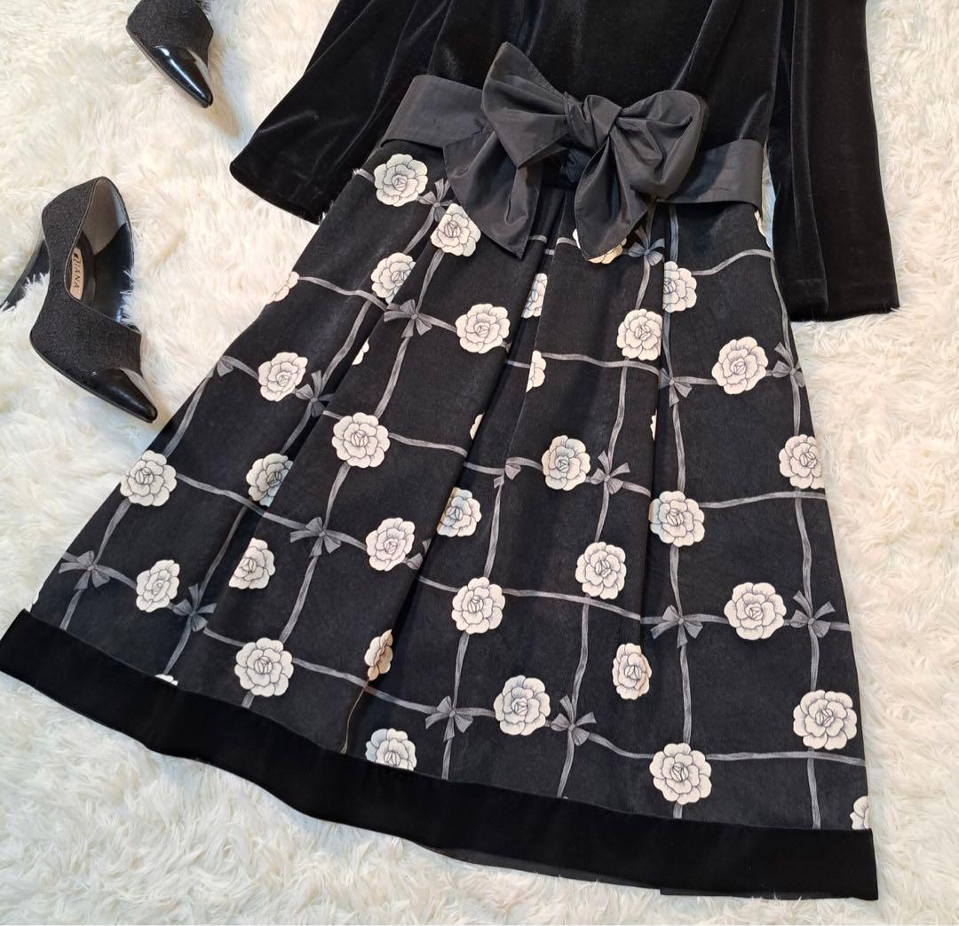 高級✨エムズグレイシー　スカート　花柄　ベロア　38 長袖　黒　リボン　M