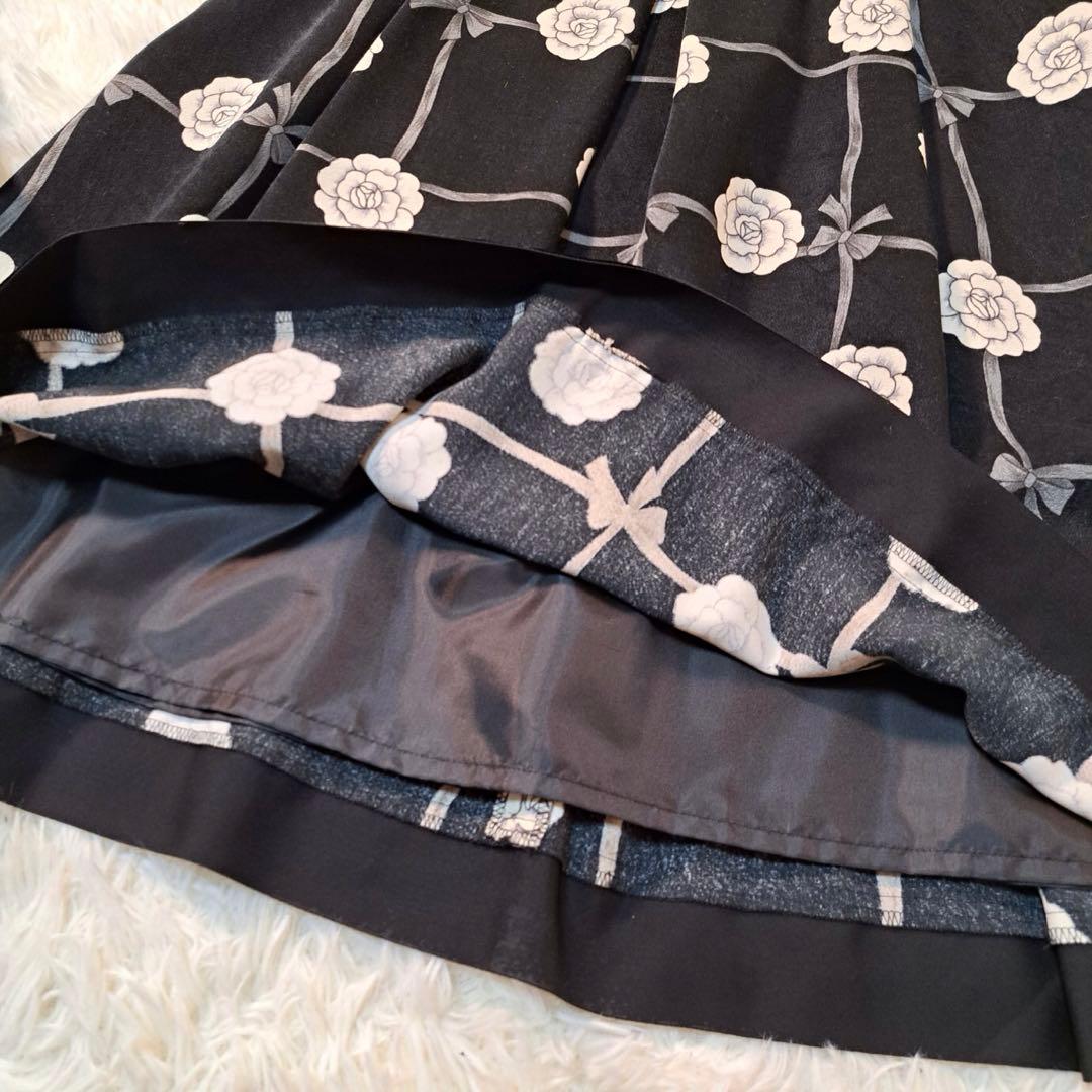 高級✨エムズグレイシー　スカート　花柄　ベロア　38 長袖　黒　リボン　M