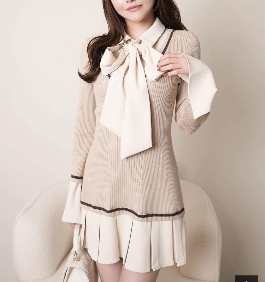 11新品リップサービス定価13750円シャツドッキングプリーツワンピースベージュ