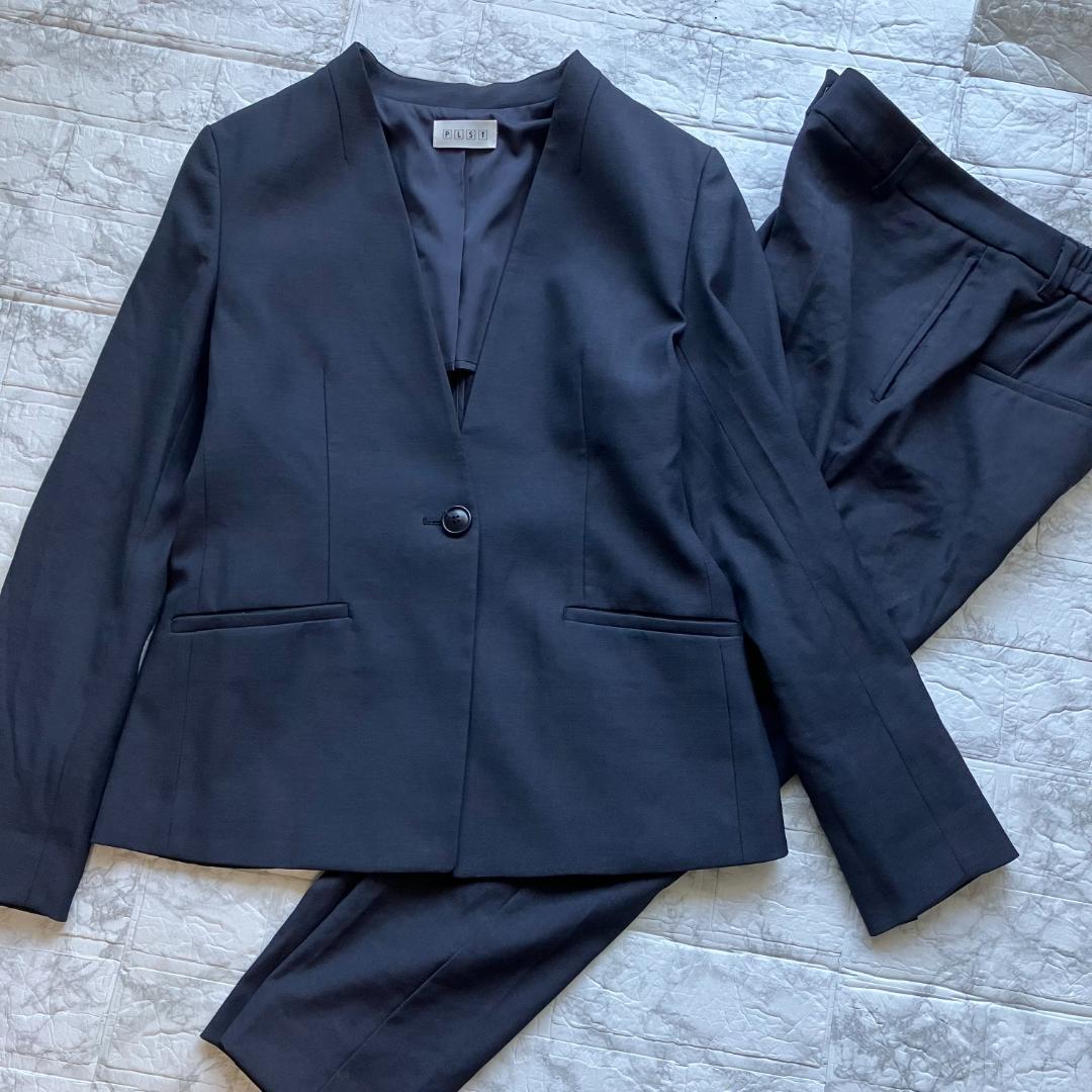 美品◎PLST スーツ セットアップ ノーカラー パンツ リネン混 ネイビー 紺