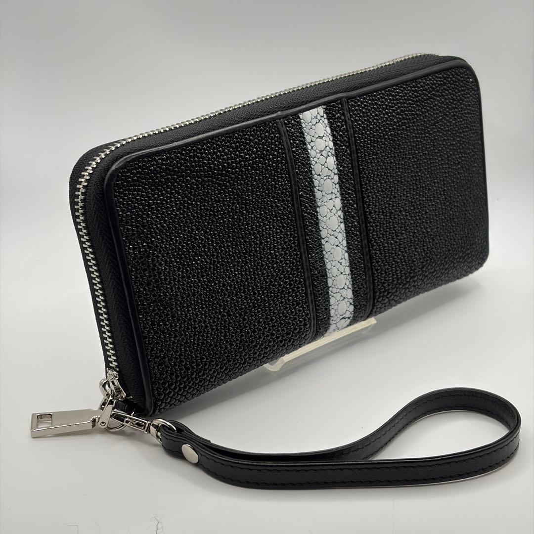 スティングレイ 連石 エイ 長財布 ラウンドファスナー ブラック キャビア