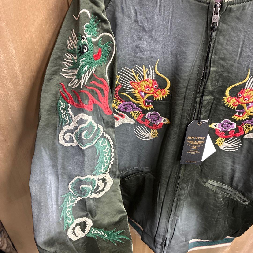 ヒューストン スカジャン マップ 地図柄 ヴィンテージ加工 グリーン 緑 XL