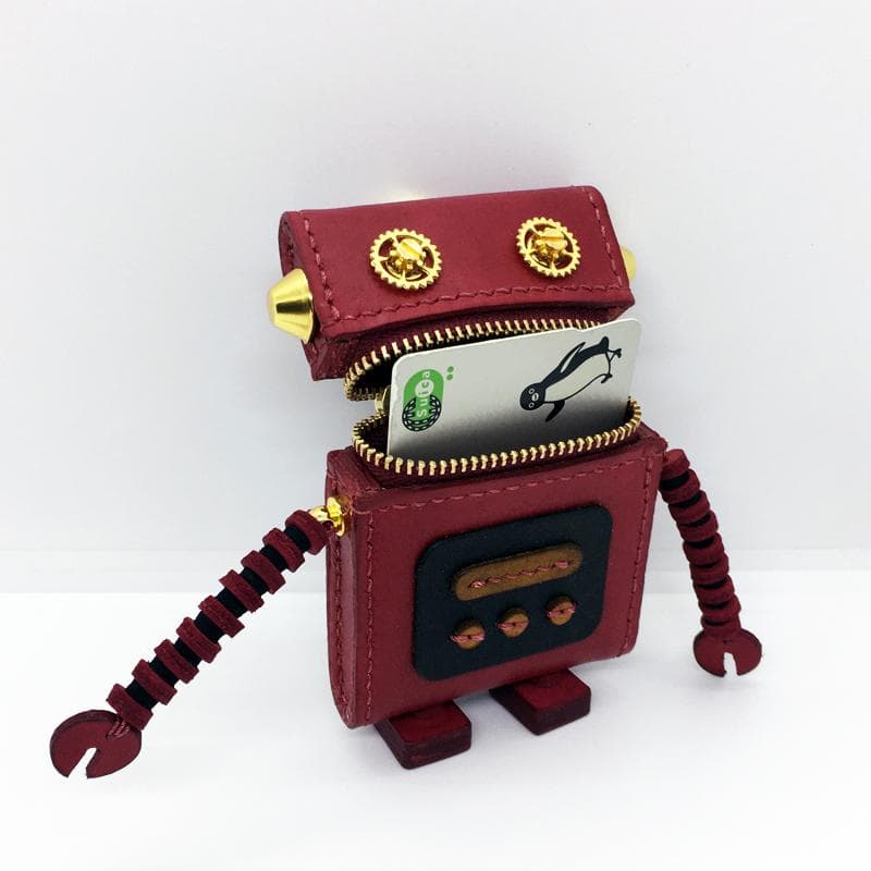 【本革】ケース 小銭入れ ロボット 赤色 レザー カードケース