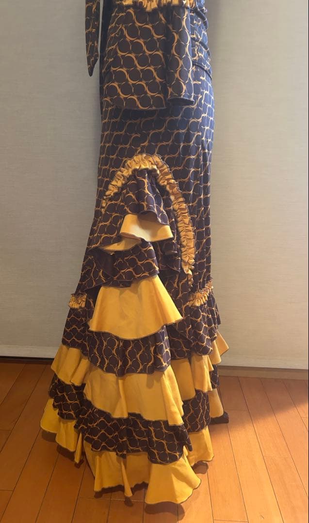 フラメンコ衣装ペチコート付き3点セット焦げ茶×辛子手作り中古美品