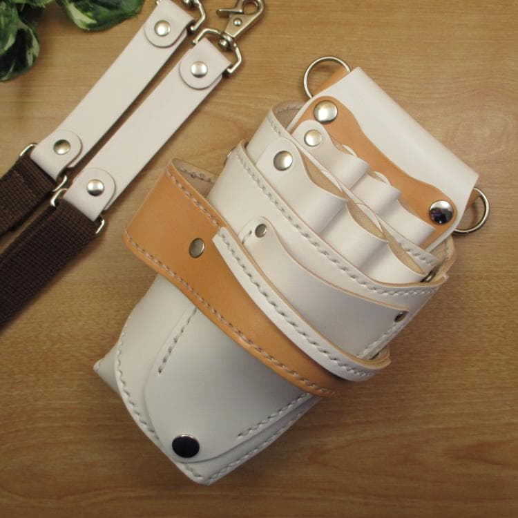 ホワイト＆うす茶色　６丁差し　本革シザーケース　SCA-151/CWB