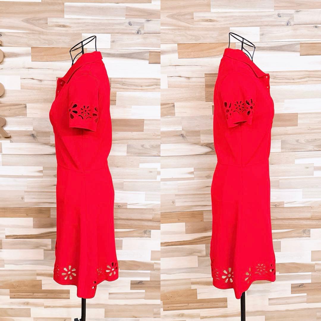 【ザラ】花柄 フラワー 刺繍カットワーク ミニ ニット ワンピース 半袖 S 赤