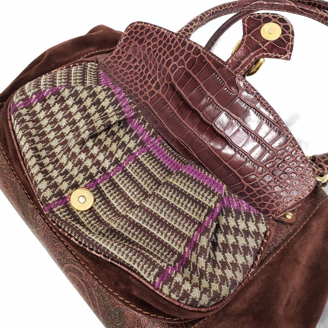 美品✨ETRO ボストンバッグ ロゴ金具 クロコ型押し・PVC切替え ペイズリー