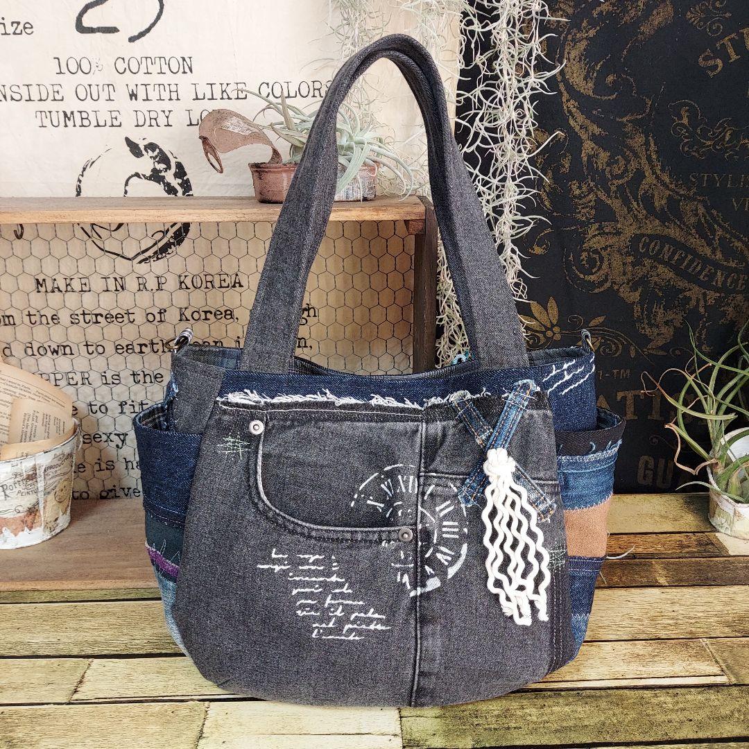 【蘭太郎】刺繍デニムバック　No.666　デニムリメイク　刺繍バック