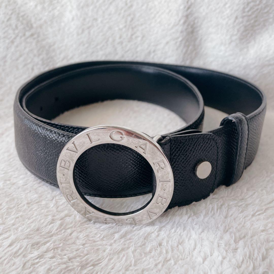 BVLGARI ブルガリ サークルロゴ レザーベルト ブラック 黒　刻印　革