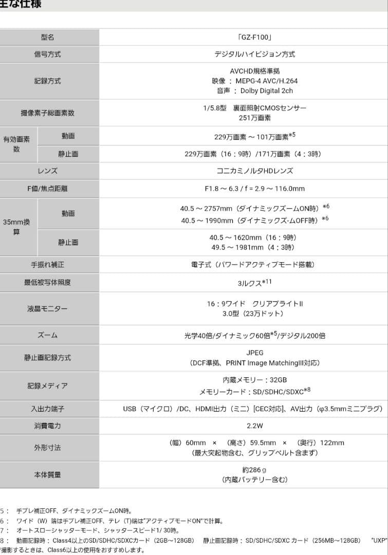 Victor JVC GZ-F100-P 2016年製 ビデオカメラ 付属品