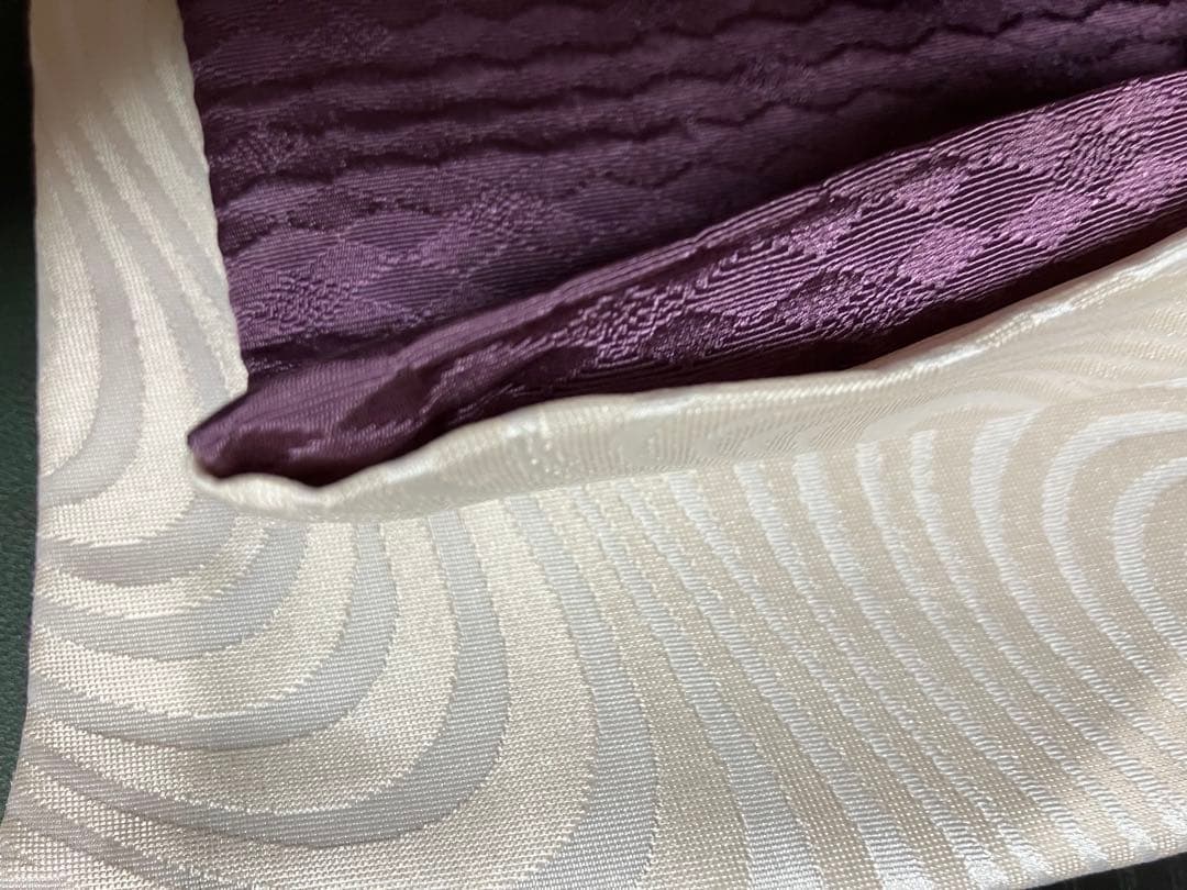 【地紋入高級】金魚模様 正絹 高級半幅帯 リバーシブル 紫 白 クリーム色