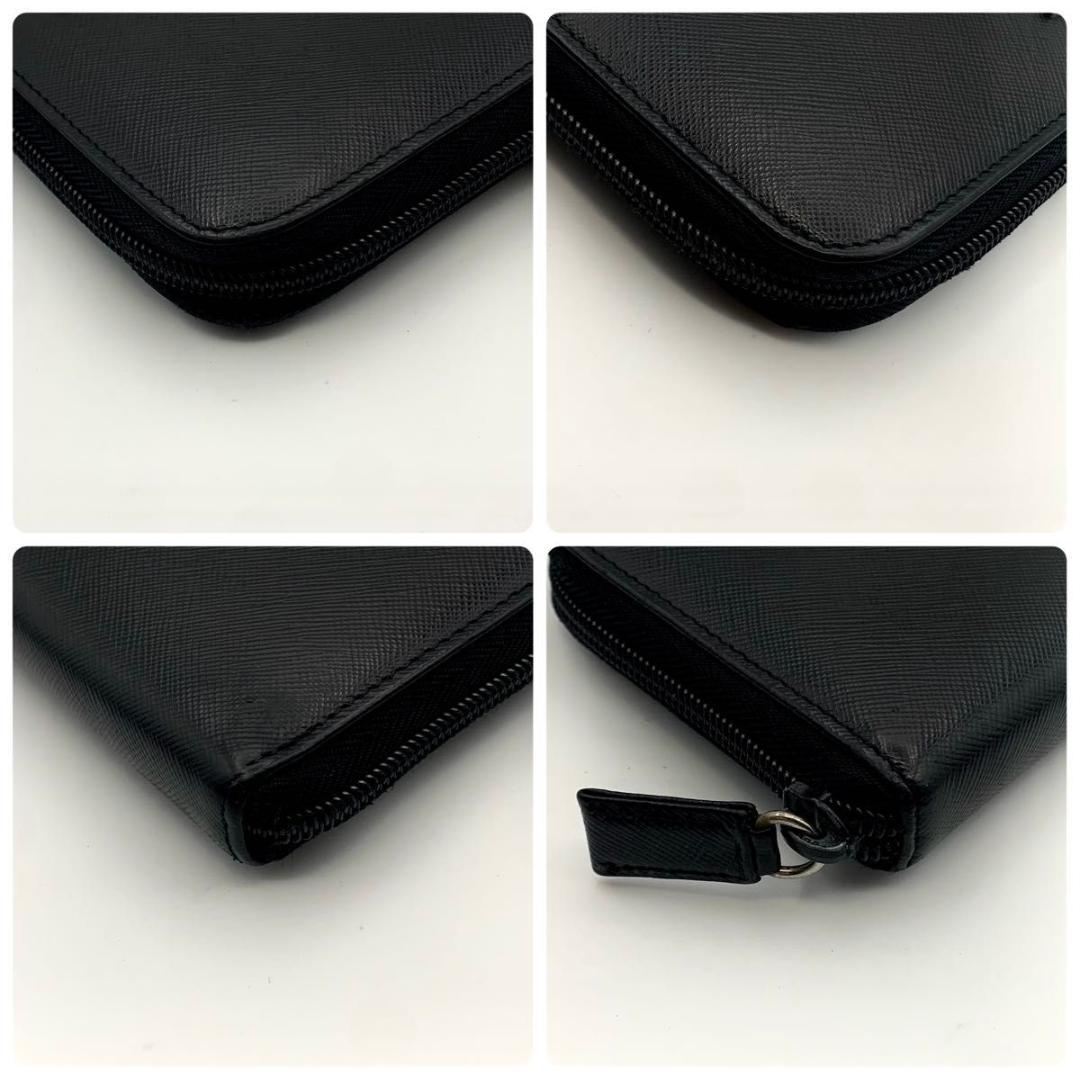 鑑定済み プラダ 長財布 ラウンドファスナー サフィアーノ 三角プレート 革 黒