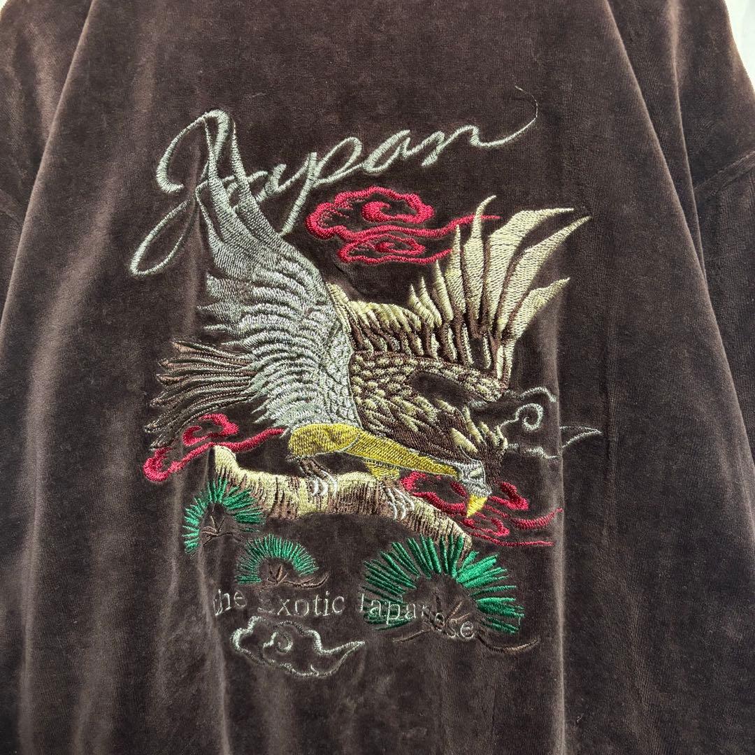 値下げ「希少」ベロアスカジャン　別珍　鷹刺繍　ダークブラウン　90s 古着