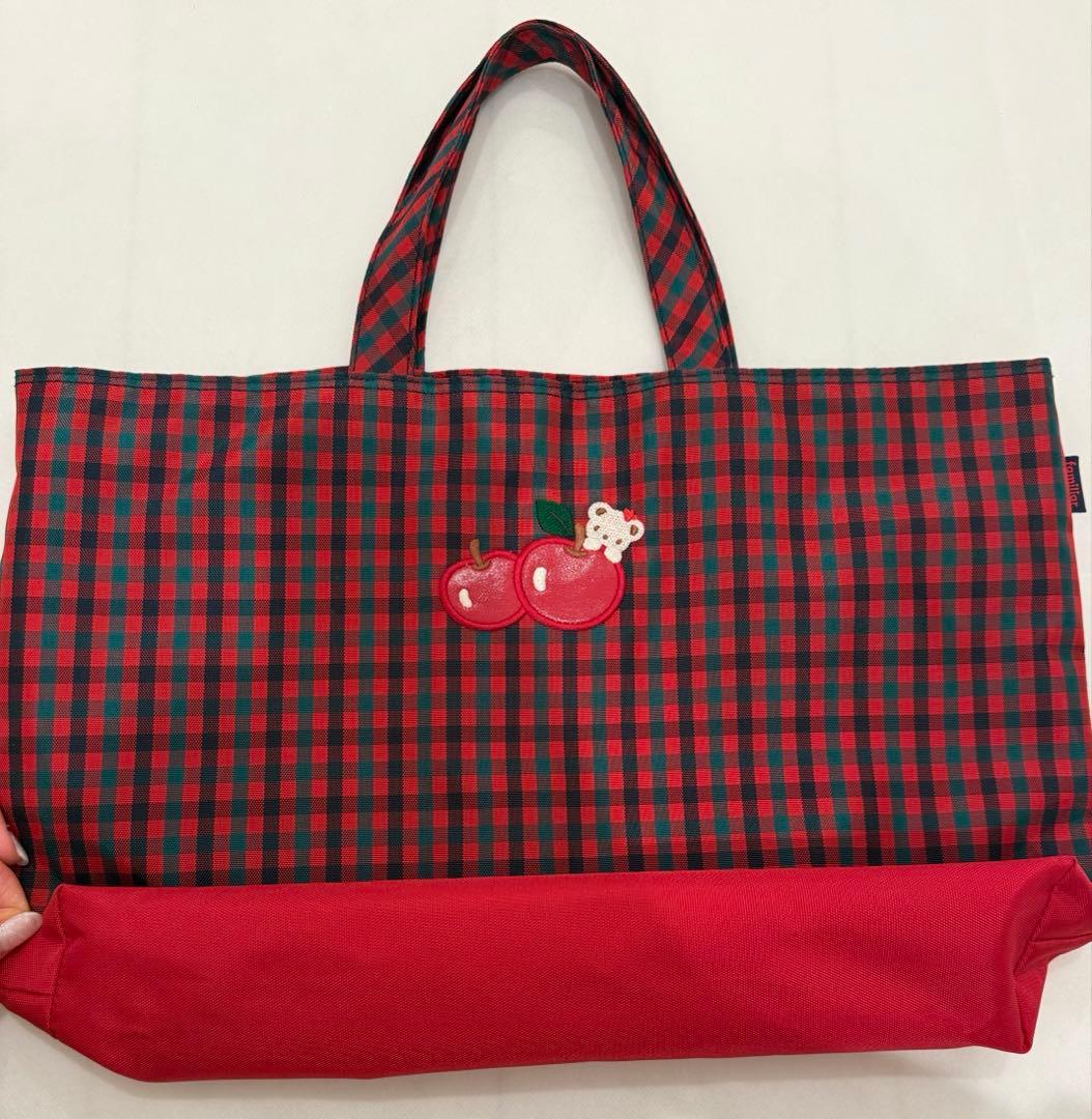 【美品】familiar 赤チェック　トートバッグ　旧デザイン