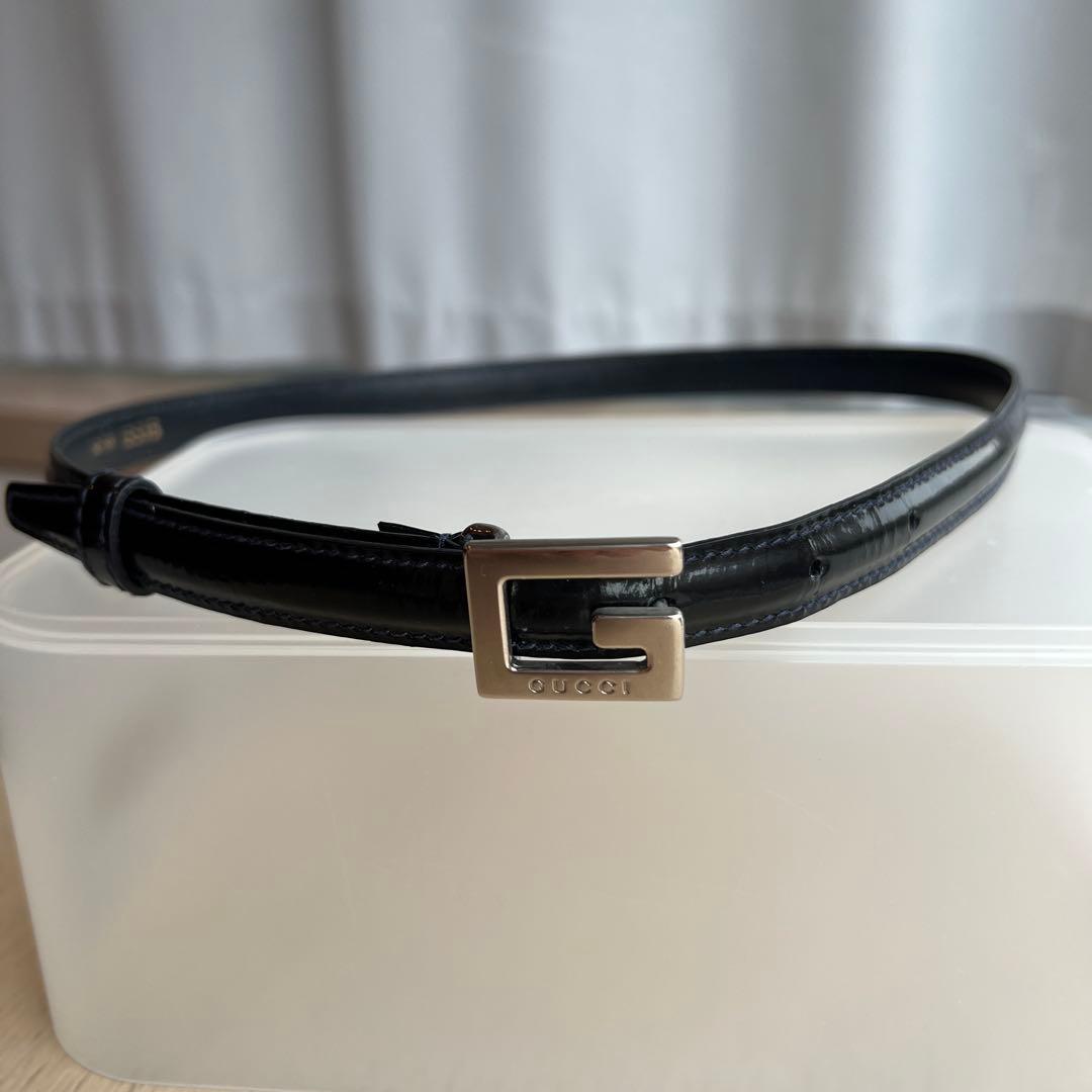 [ラストプライス]GUCCI本革スリムベルトネイビーブルー