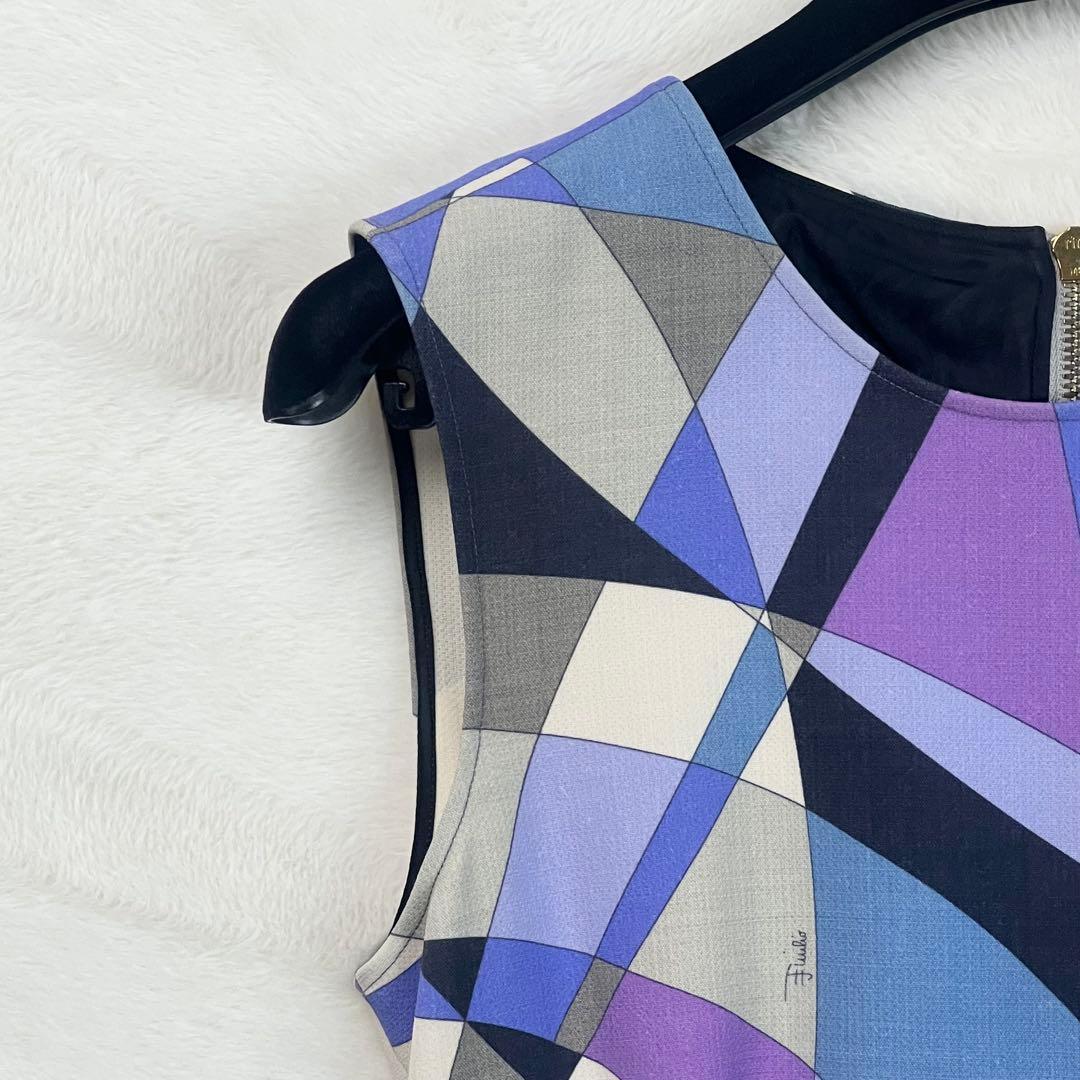 美品【エミリオプッチ】ウールウエストフリルノースリーブワンピース☆幾何学柄☆L