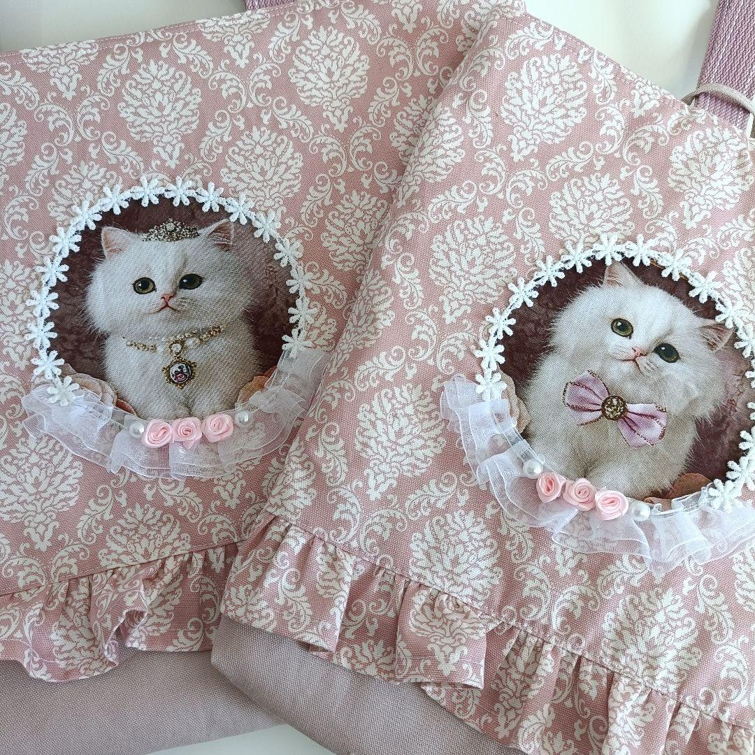 10.レッスンバッグ 3点セット 猫 くすみピンク ダマスク ハンドメイド