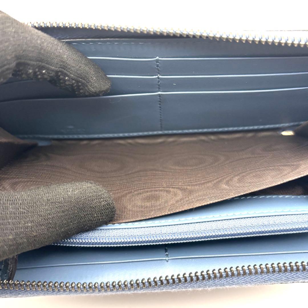 美品 グッチ 長財布 シマ GG ラウンドファスナー レザー ブルー