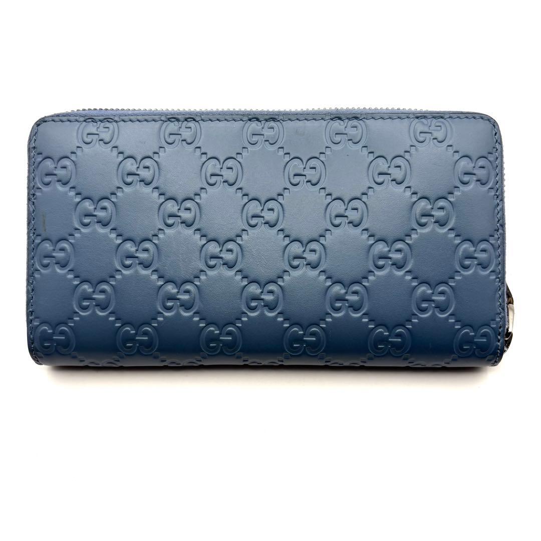 美品 グッチ 長財布 シマ GG ラウンドファスナー レザー ブルー