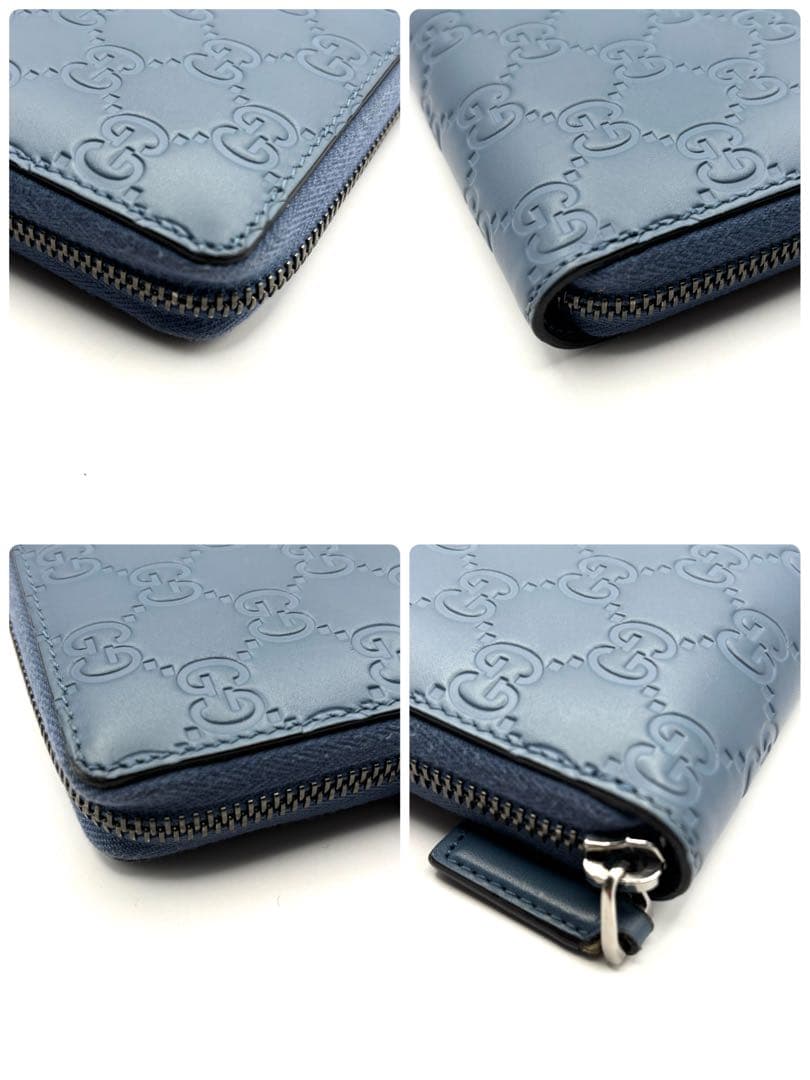 美品 グッチ 長財布 シマ GG ラウンドファスナー レザー ブルー