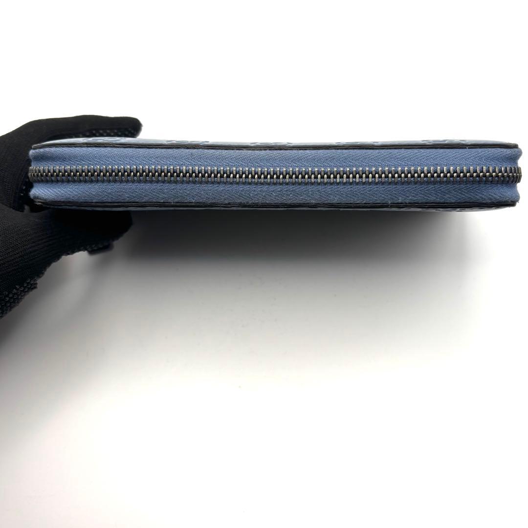 美品 グッチ 長財布 シマ GG ラウンドファスナー レザー ブルー