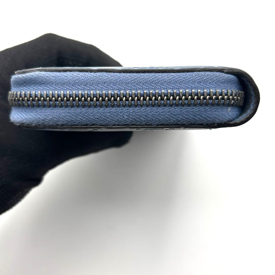 美品 グッチ 長財布 シマ GG ラウンドファスナー レザー ブルー