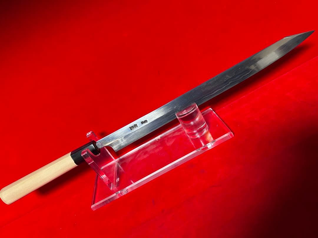 01586 包丁　剣型切付　保勝　津軽打刃物　練鉄　墨流し　尺　箱付　未使用品