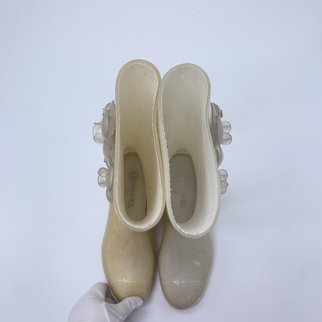 シャネル カメリア装飾 ココマーク ラメ レインブーツ サイズ39 ホワイト