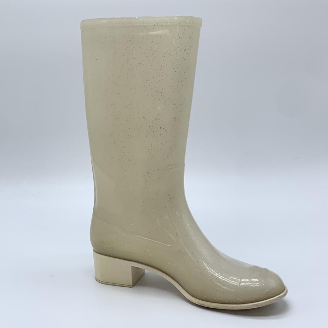 シャネル カメリア装飾 ココマーク ラメ レインブーツ サイズ39 ホワイト