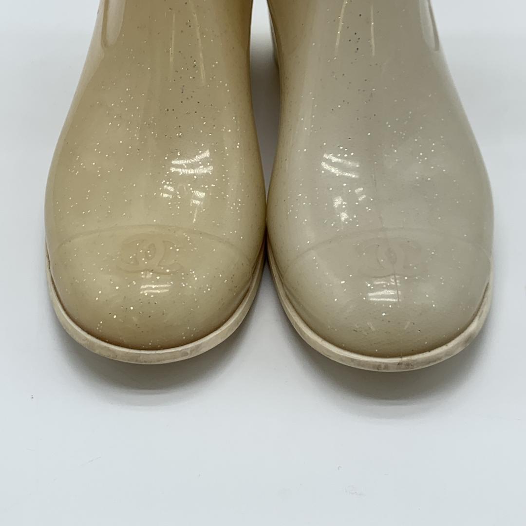 シャネル カメリア装飾 ココマーク ラメ レインブーツ サイズ39 ホワイト