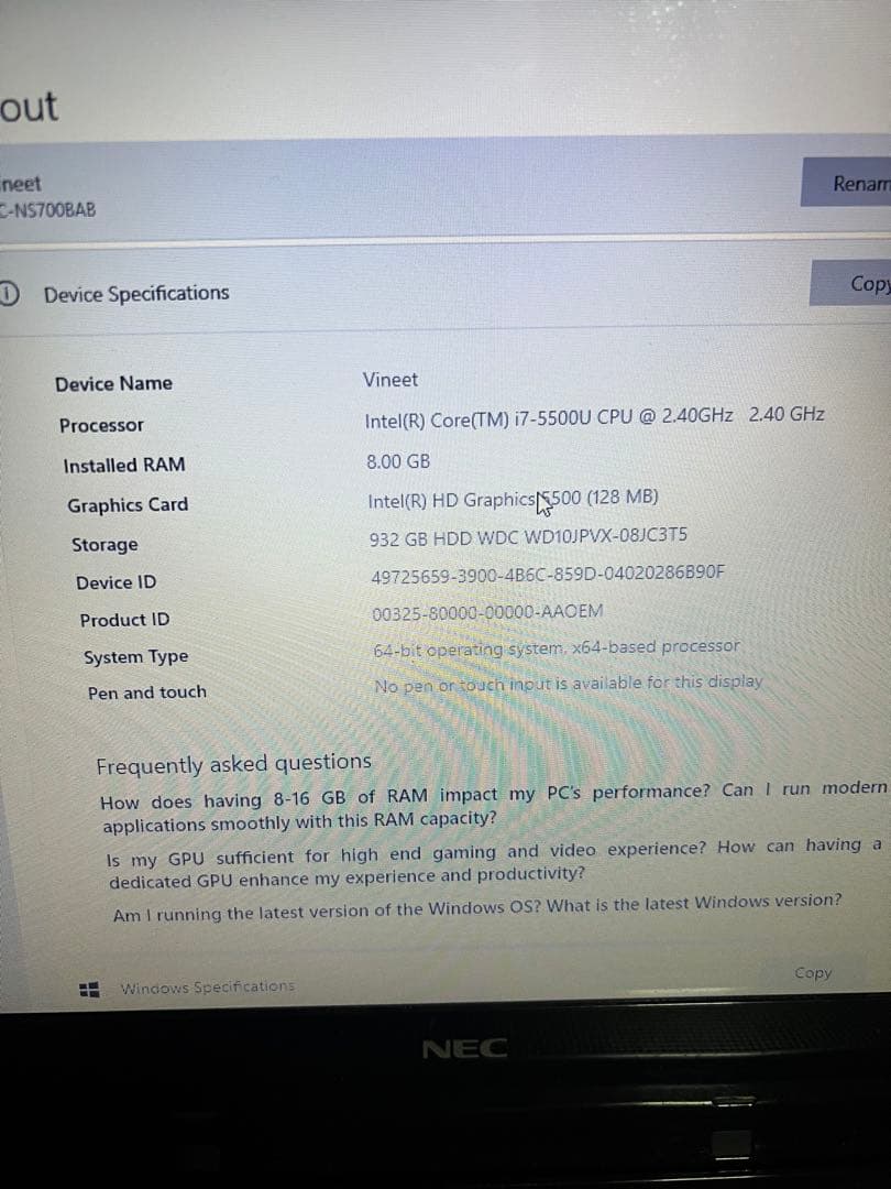 NEC LaVie Corei7 メモリ8GB HDD1000GB