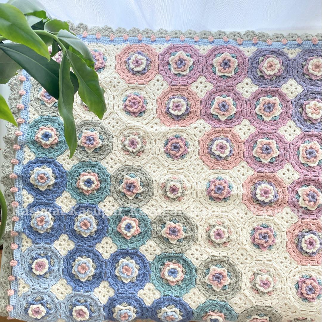 Roselle モチーフ かぎ針 編み マルチカバー ひざかけ こたつカバー