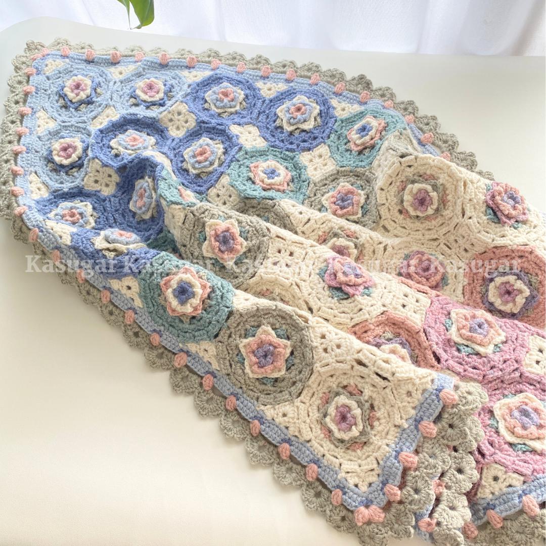 Roselle モチーフ かぎ針 編み マルチカバー ひざかけ こたつカバー