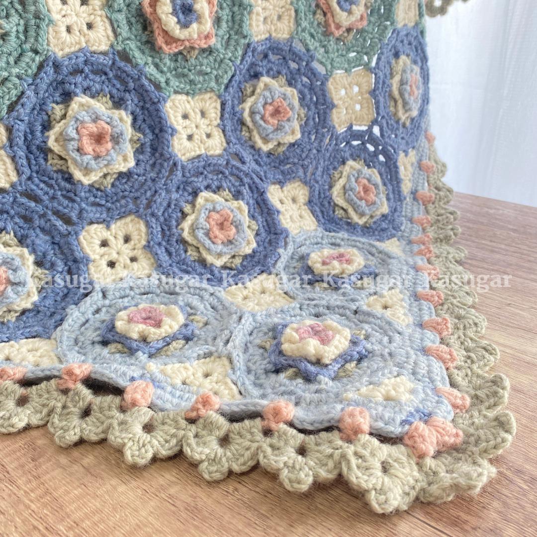 Roselle モチーフ かぎ針 編み マルチカバー ひざかけ こたつカバー