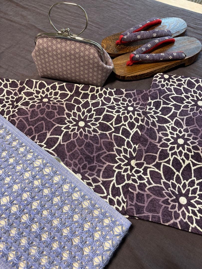 特価！高級浴衣コーデ4点セット　絞り染め浴衣　半幅帯　バック　下駄