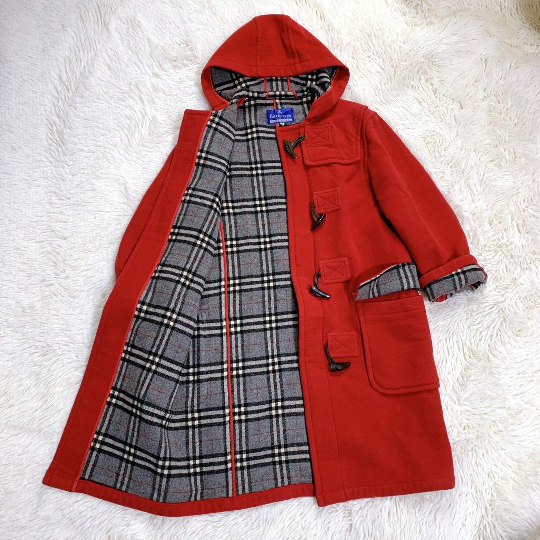 バーバリーブルーレーベル ダッフルコート 赤 ノバチェック ウール100% 38
