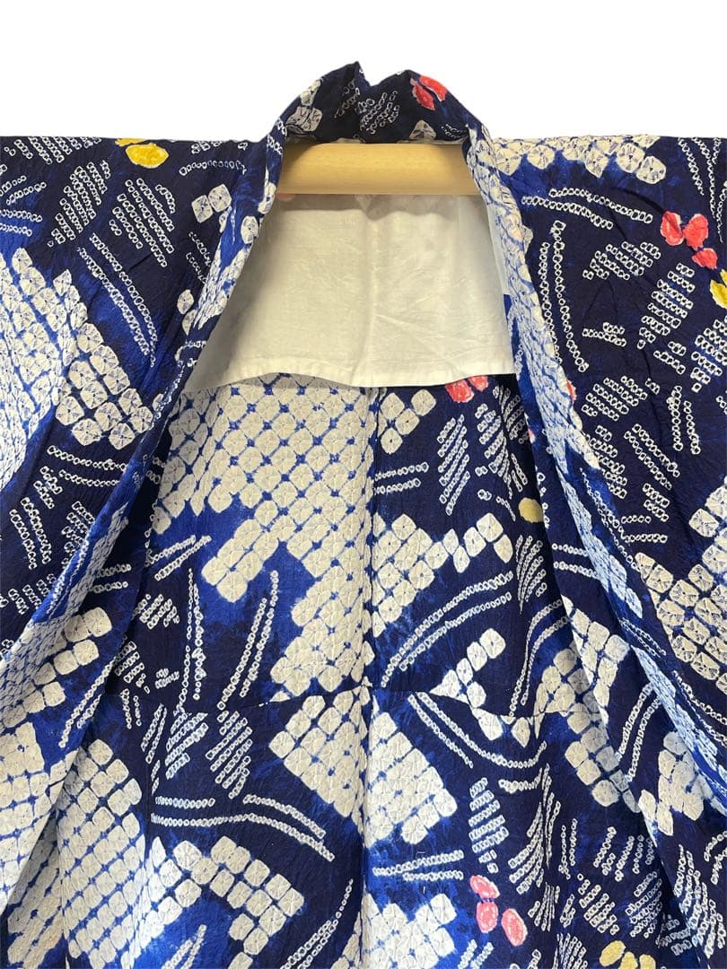 □夏涼浴衣　有松絞り　花柄　藍色　身丈約156.5cm