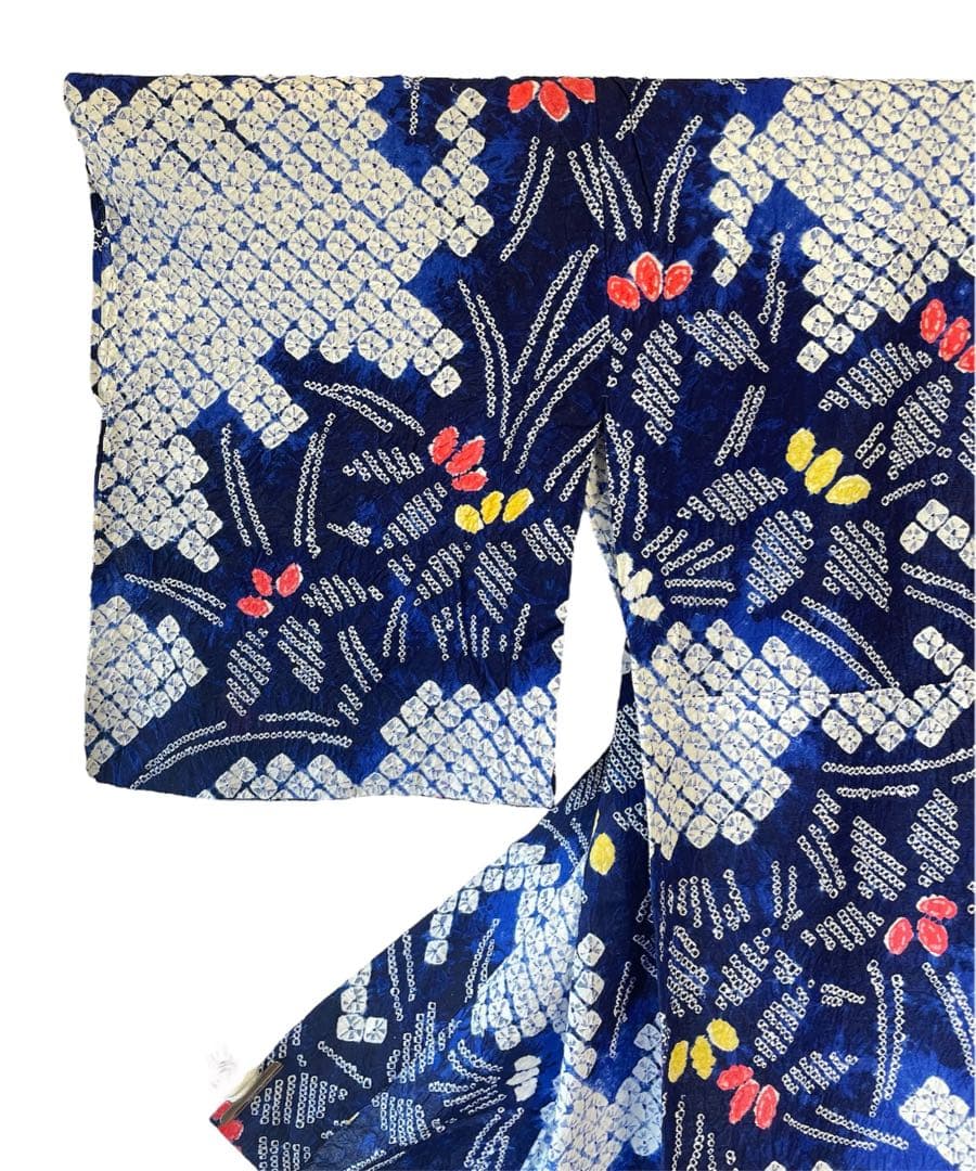 □夏涼浴衣　有松絞り　花柄　藍色　身丈約156.5cm