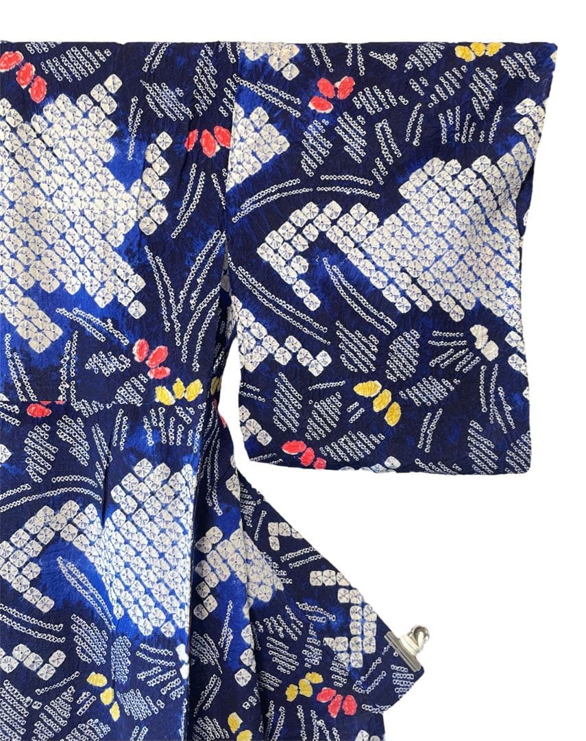 □夏涼浴衣　有松絞り　花柄　藍色　身丈約156.5cm