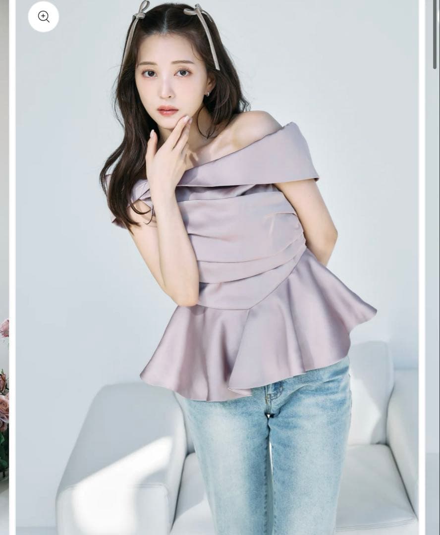 poláura　ポローラ　オフショル　ロマンティックサテンぺプラムトップス