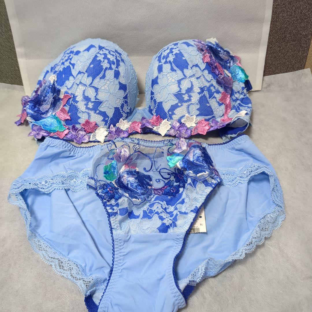 花柄レース ブラジャーショーツセット 青