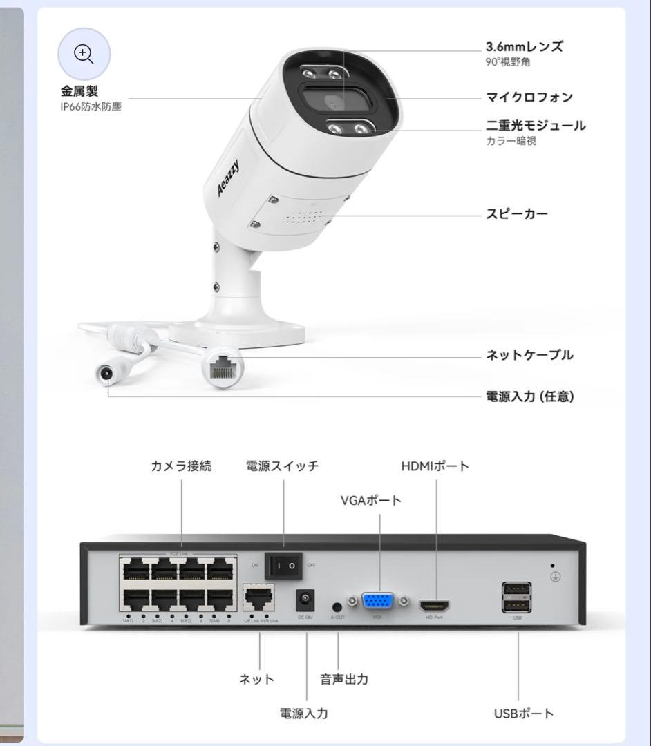 Aeazzy 防犯カメラ 4台 4K 8CH 2TB防犯システム