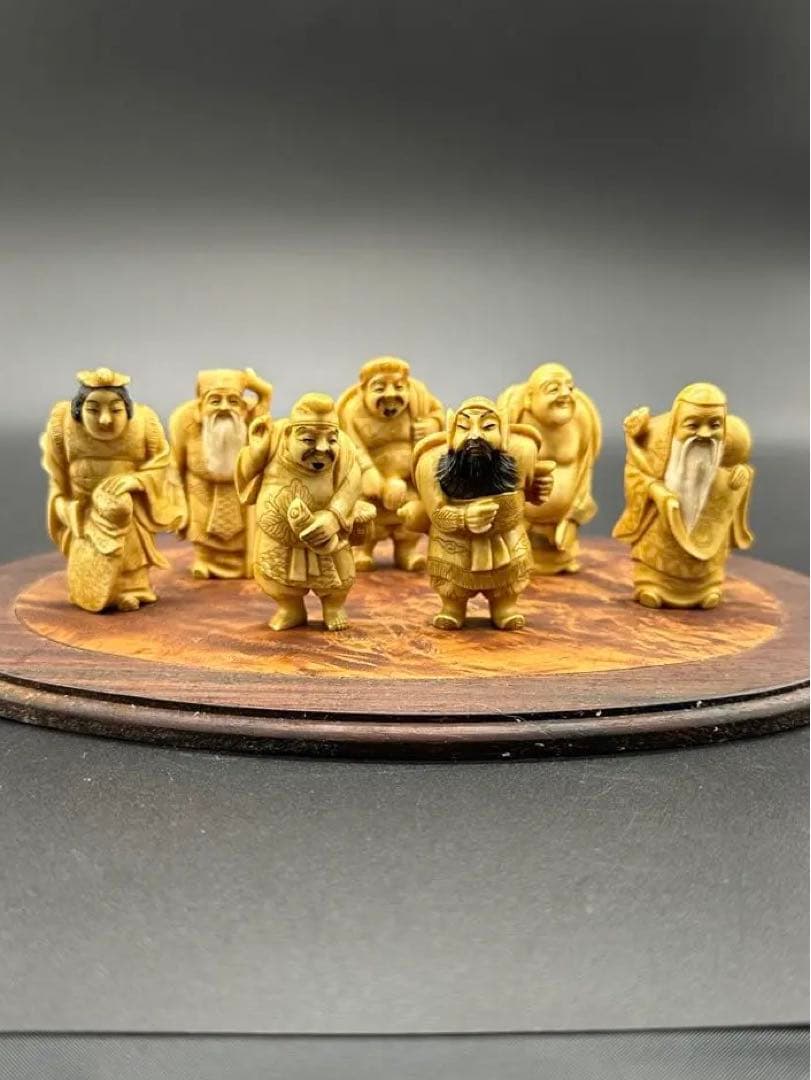 七福神 天然牙彫　在銘 古美術 骨董 アンティーク 根付 緻密彫刻