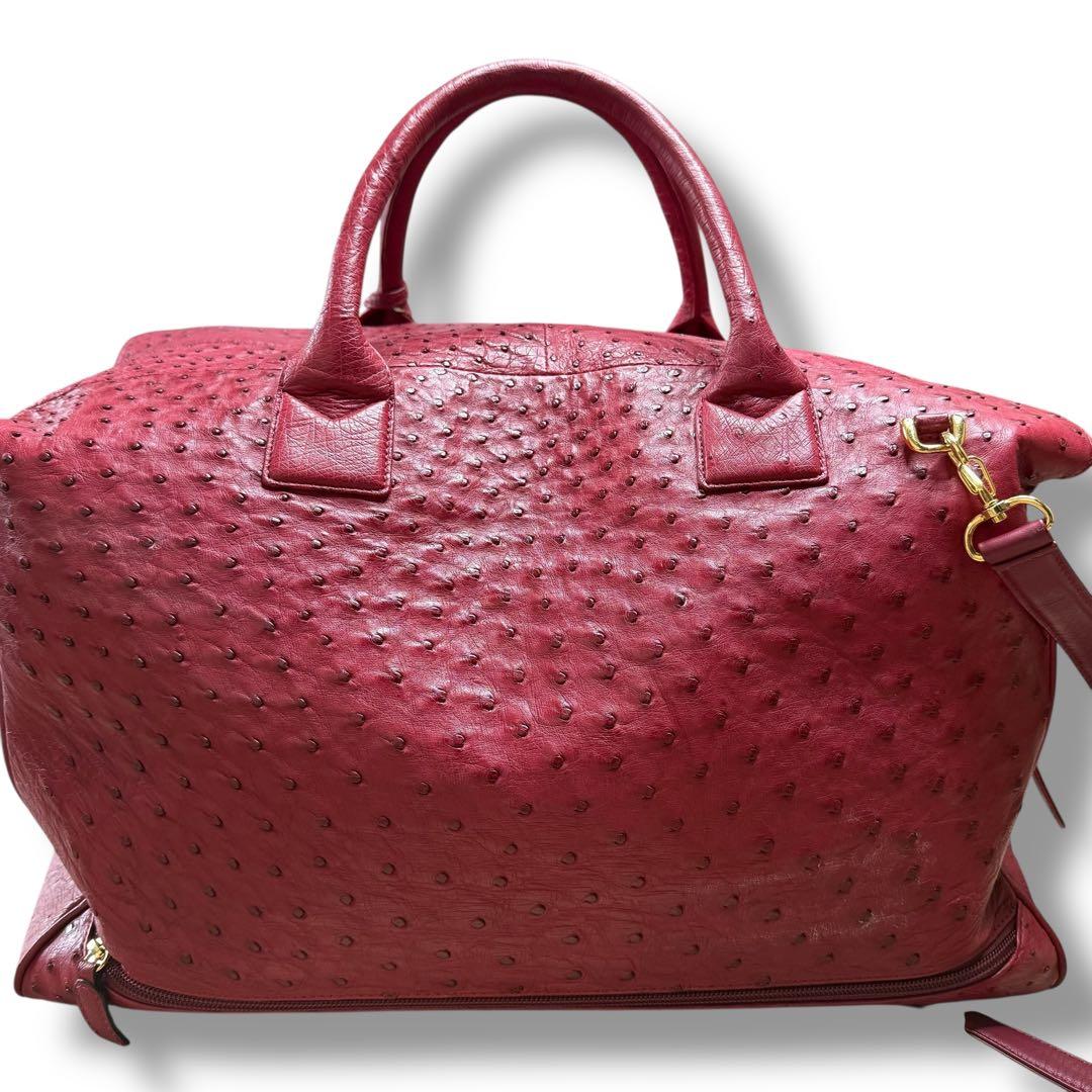 JRA認定★美品 鍵付き 大容量 オーストリッチボストンバッグ レッド