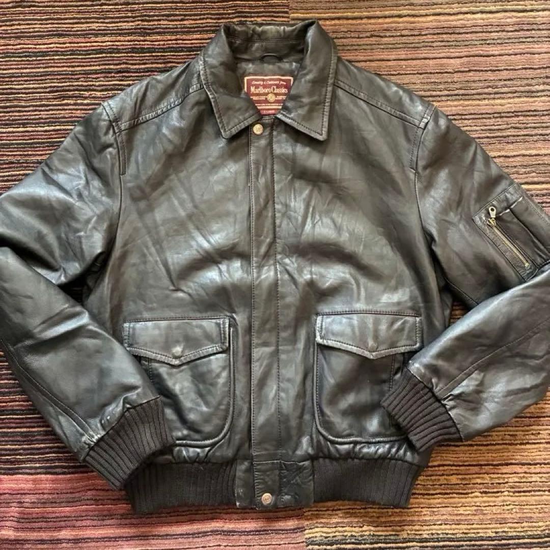 ブラックレザーボンバージャケット　ダークブラウン　マルボロクラシック