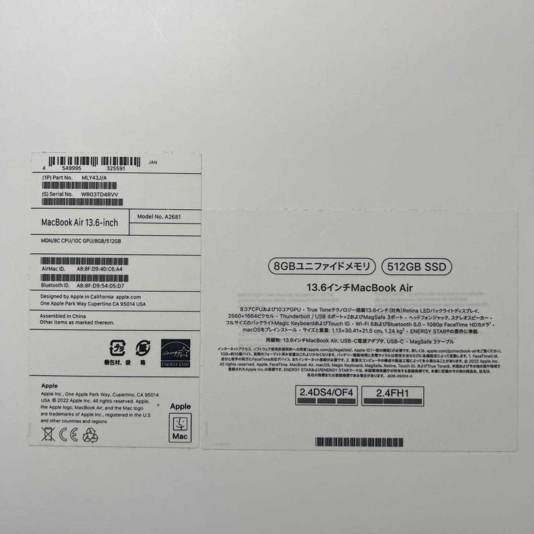 MacBook Air8コアCPUGPM2チップ512GBSSDミッドナイト